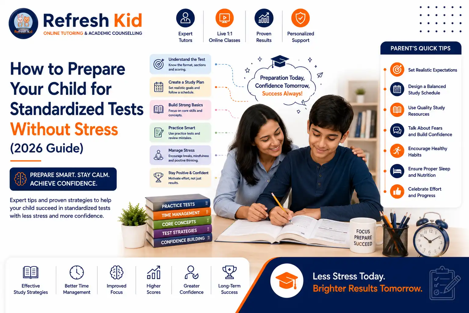 Student taking a timed practice test with a study planner and clock nearby to build exam confidence.